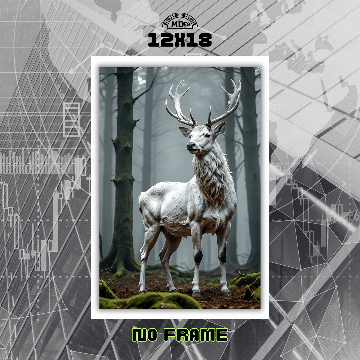 Stylized deer in a forest with geometric patterns and text overlay
