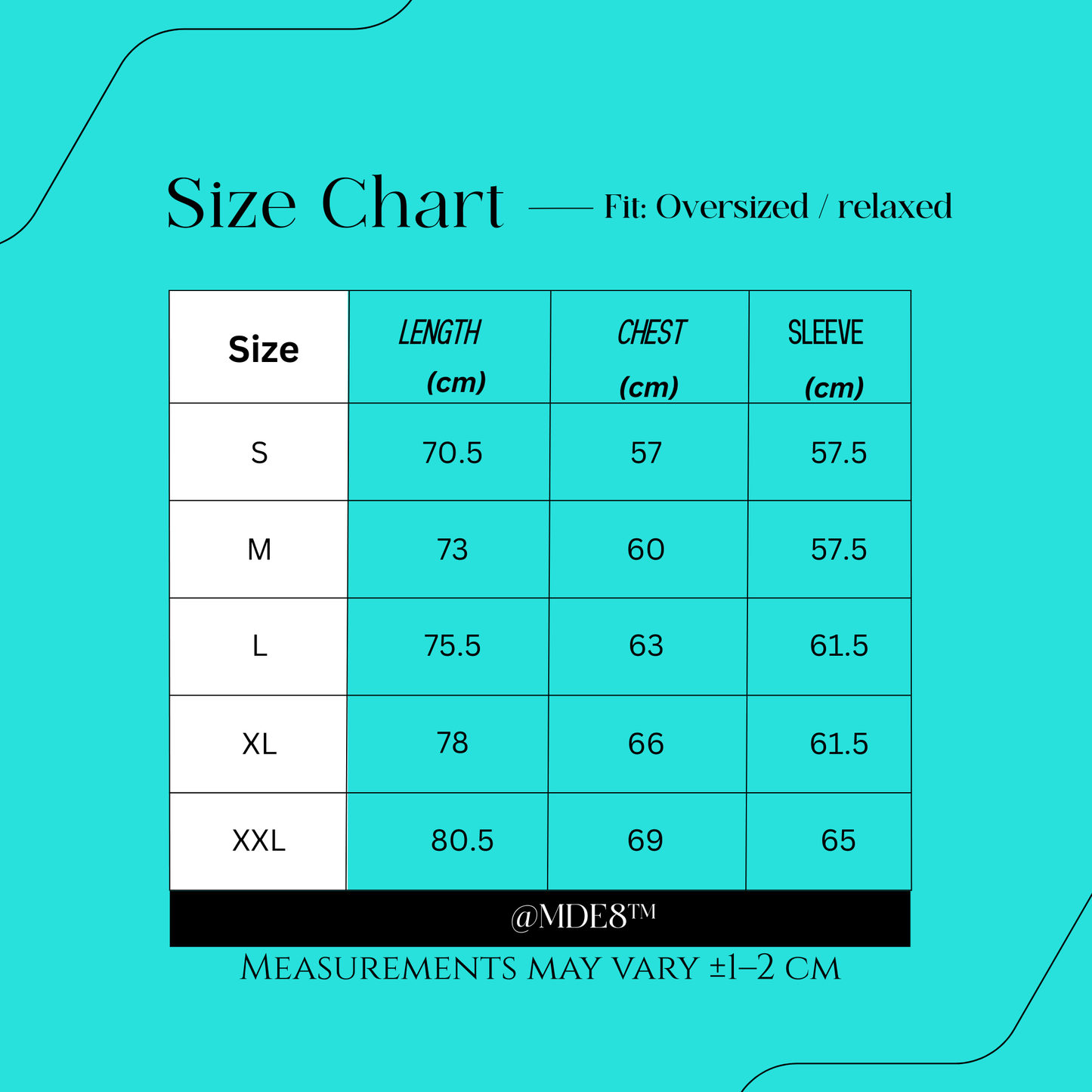 MDE8 oversized hoodie size chart with measurements in centimeters