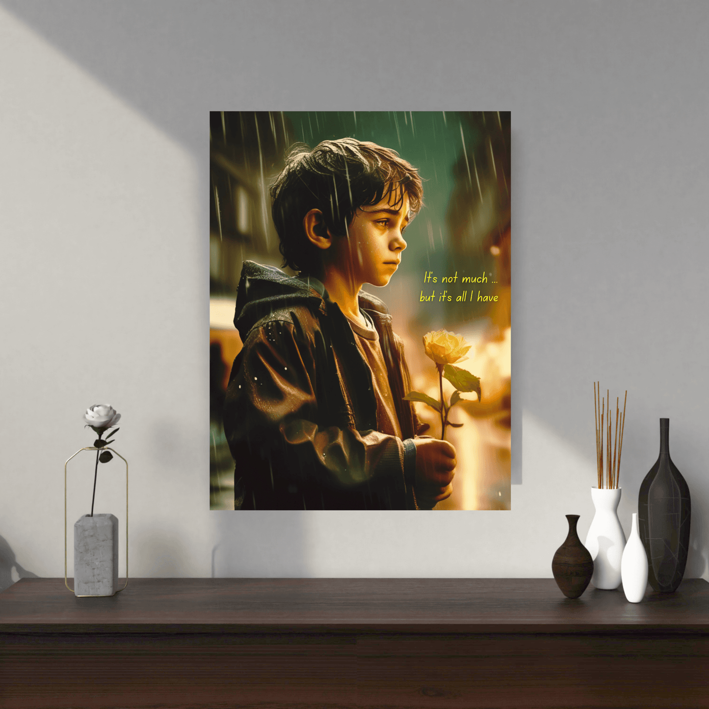 young boy holding a rose with text, framed by geometric patterns.