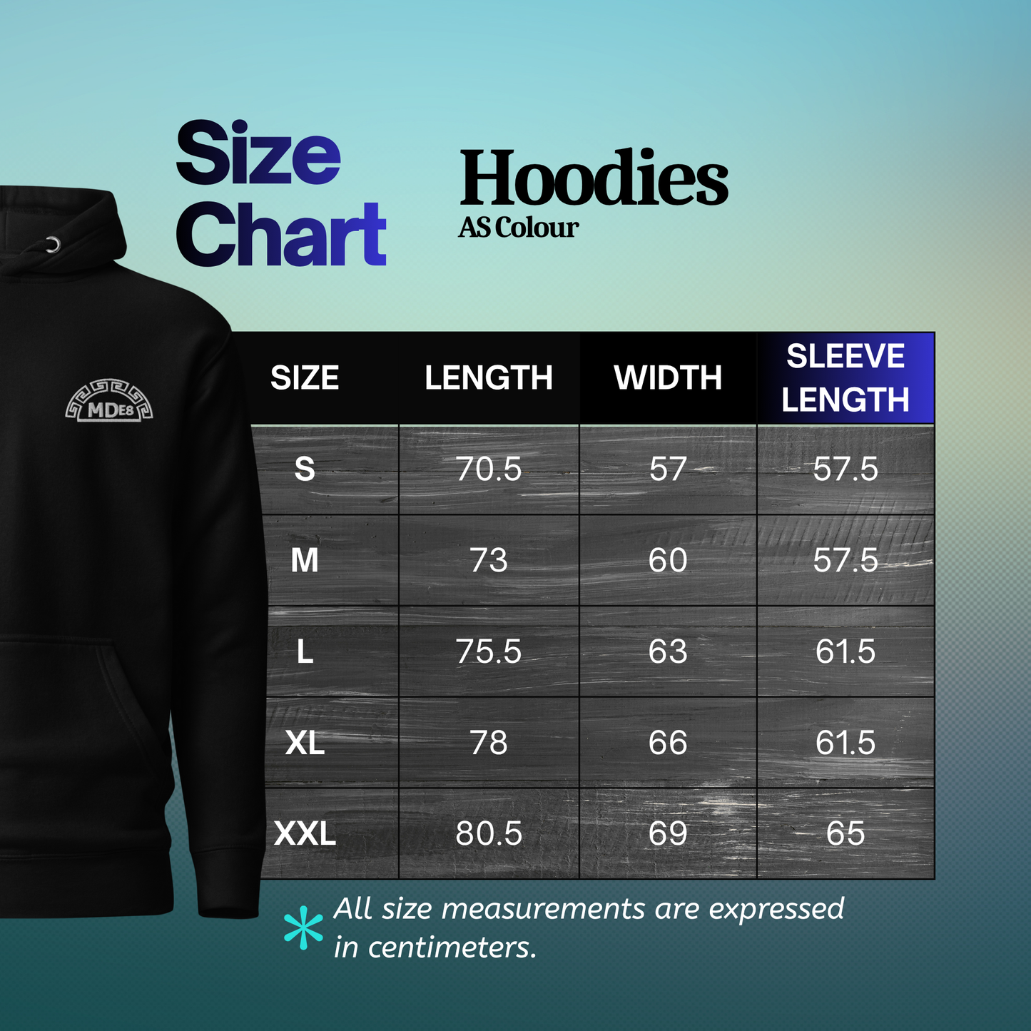 Hoodie size chart for MDE8™ unisex hoodies — AS Colour measurements in centimeters on gradient background.