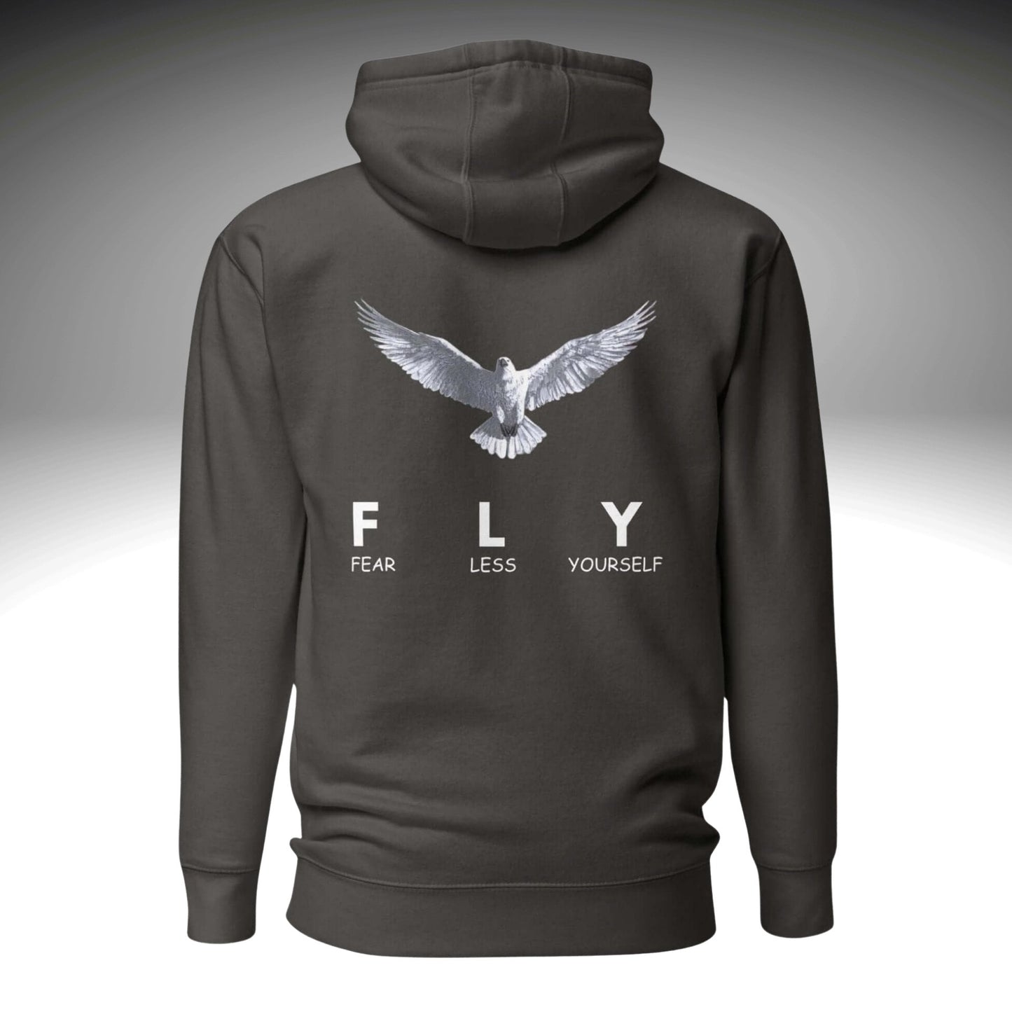 Dark gray hoodie with an eagle graphic and 'FLY Fear Less Yourself' text on the back.