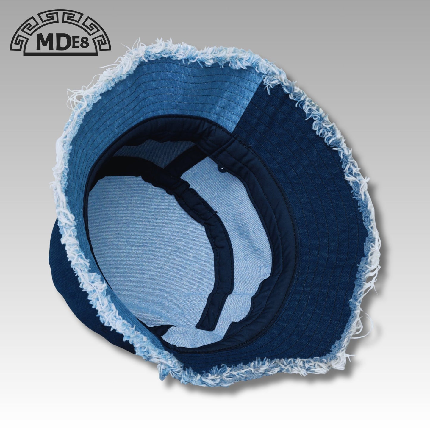 Distressed denim bucket hat — side view embroidered streetwear MDE8