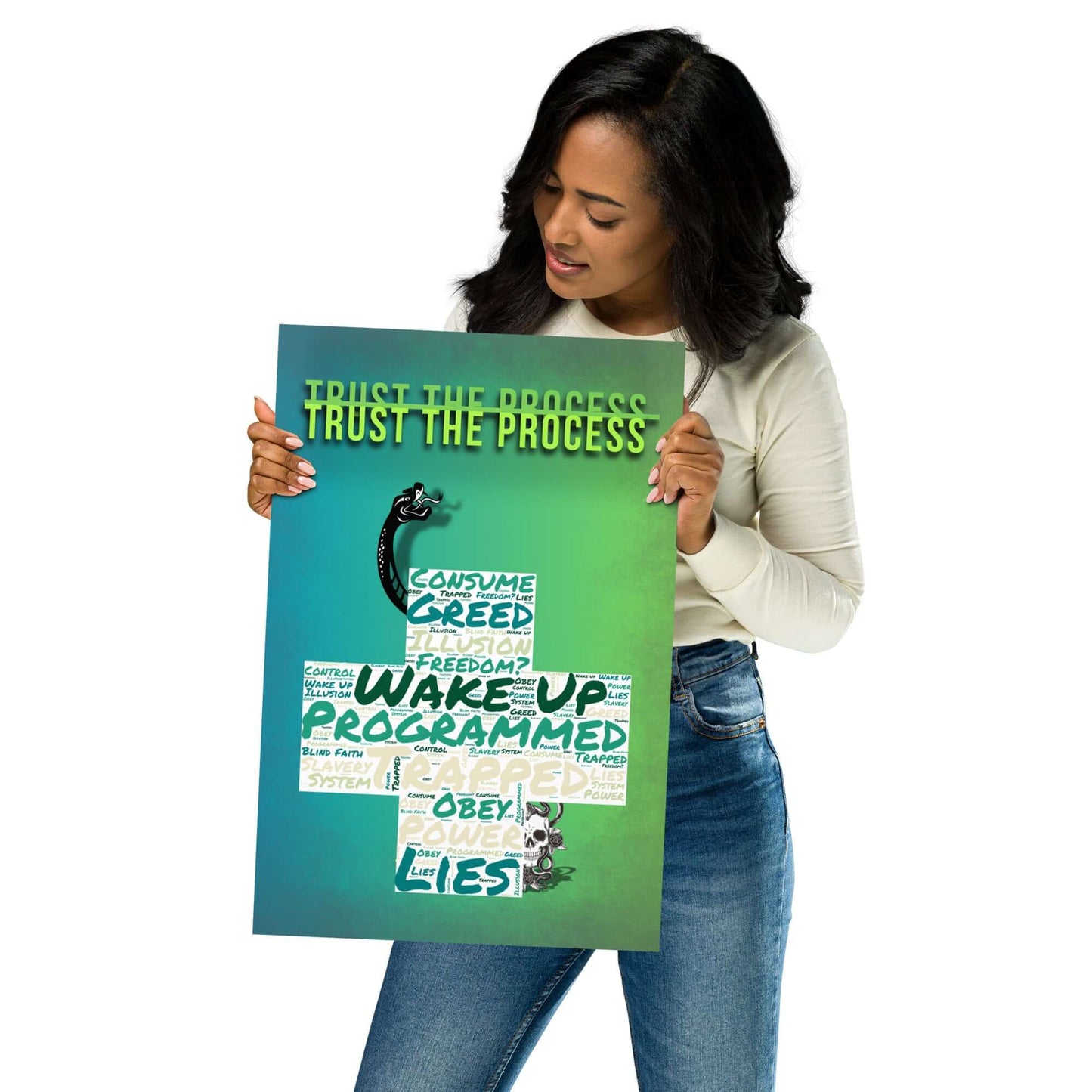 Woman holding a green poster with the text Trust the Process symbolic wall art design