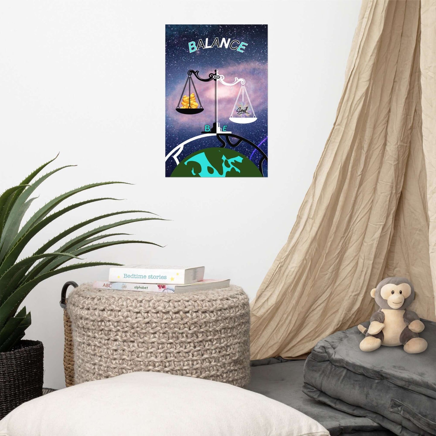 Poster titled 'Balance' on a wall above a bed with a teddy bear and books.