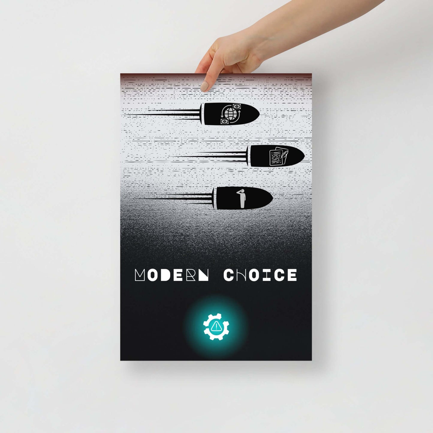 Poster with 'Modern Choice' design featuring three missiles and a hand holding it.