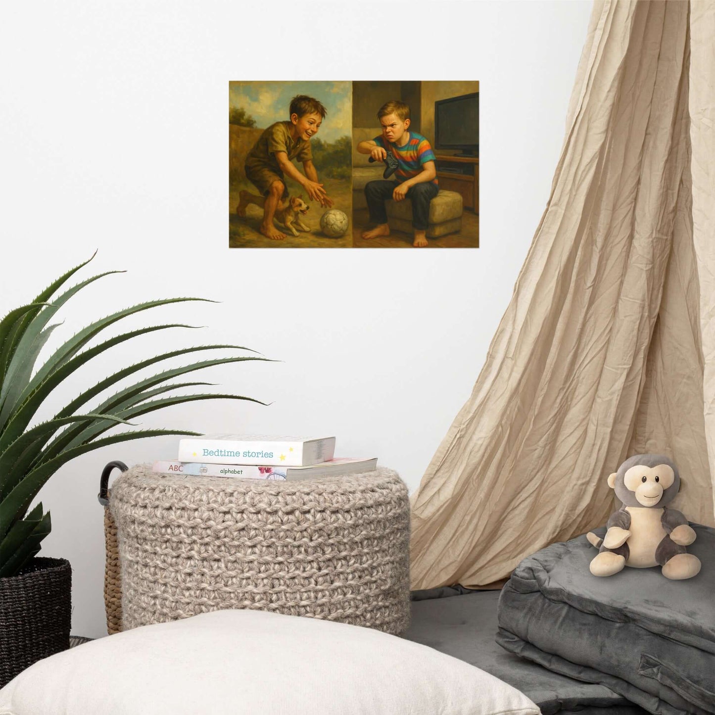 Room interior with a painting of two boys on the wall, a plant, and a monkey plush toy.