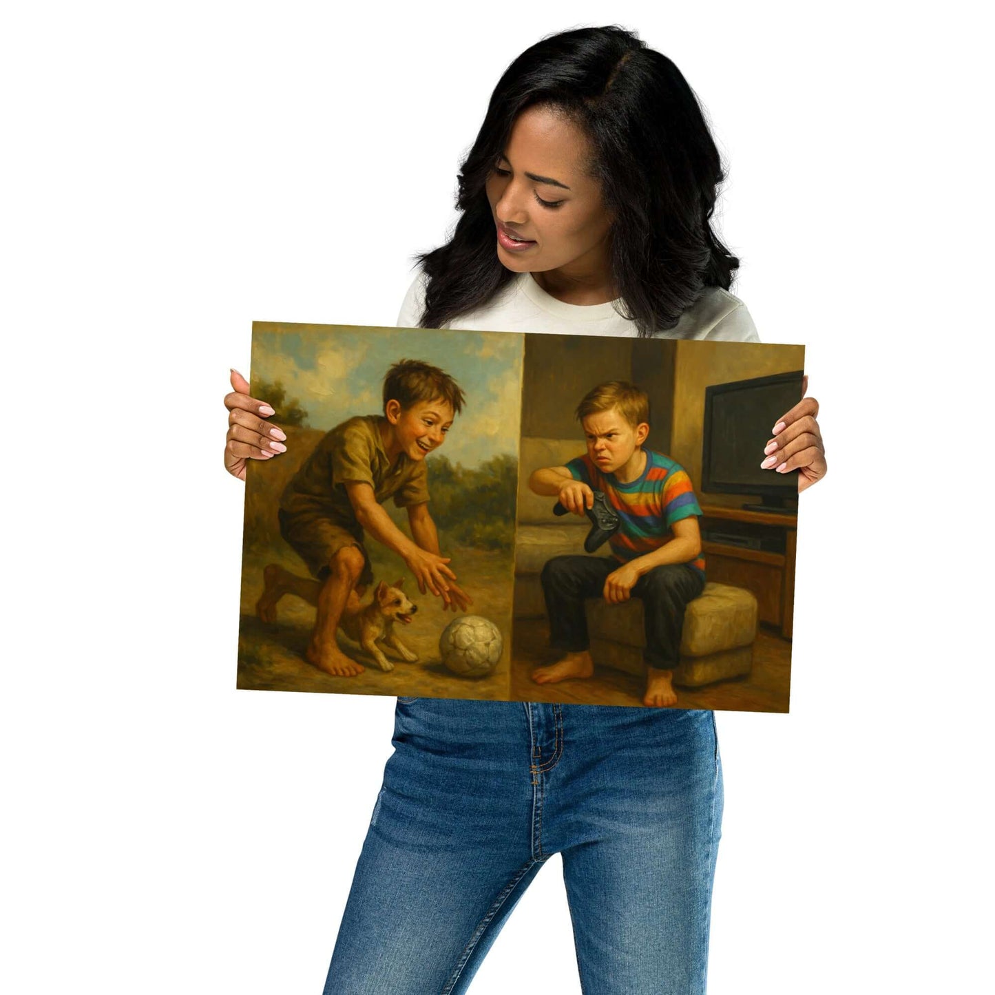 Woman holding a framed artwork of two boys playing with a dog and a TV.