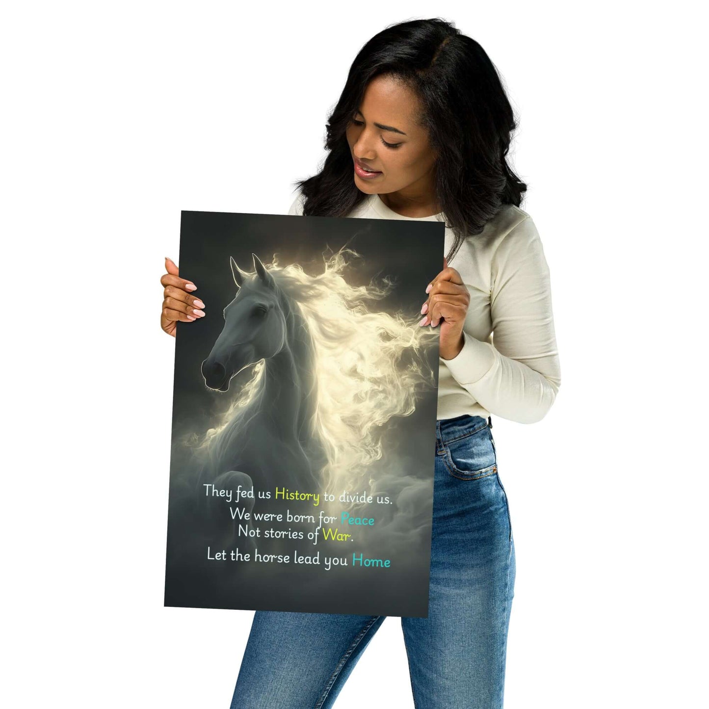 Woman holding a poster with a horse illustration and text.