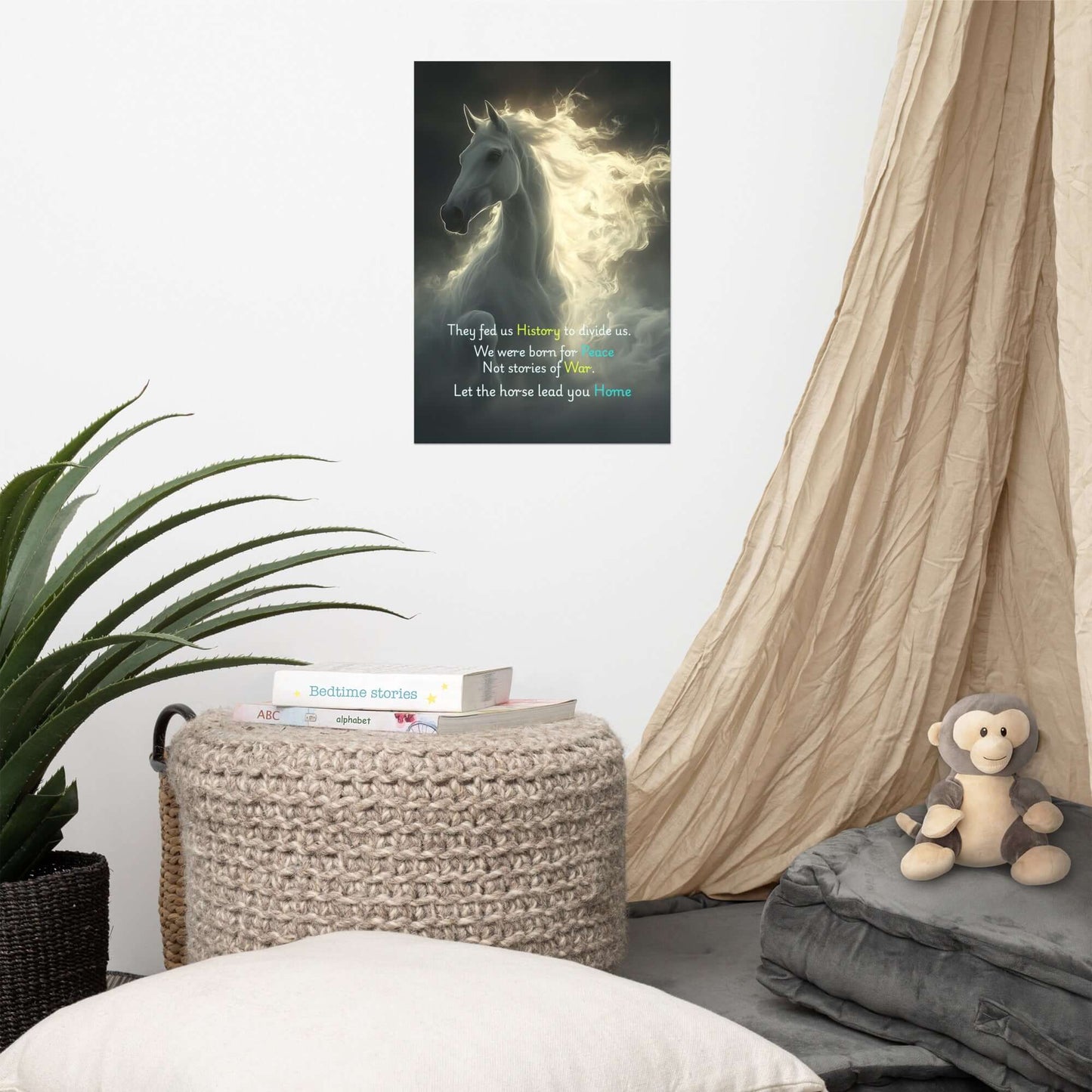 Room interior with a horse poster on the wall, plant, and furniture.