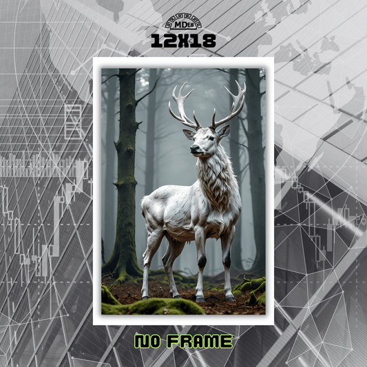 Stylized deer in a forest with geometric patterns and text overlay