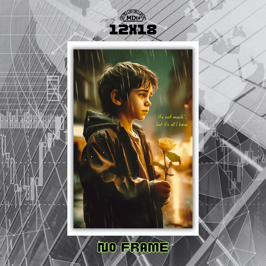 Poster of a young boy holding a rose with text, framed by geometric patterns.