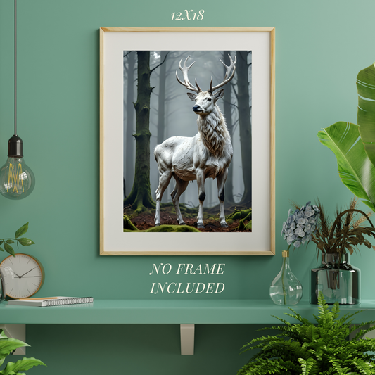 Framed artwork of a deer in a forest on a green wall with decorative items.
