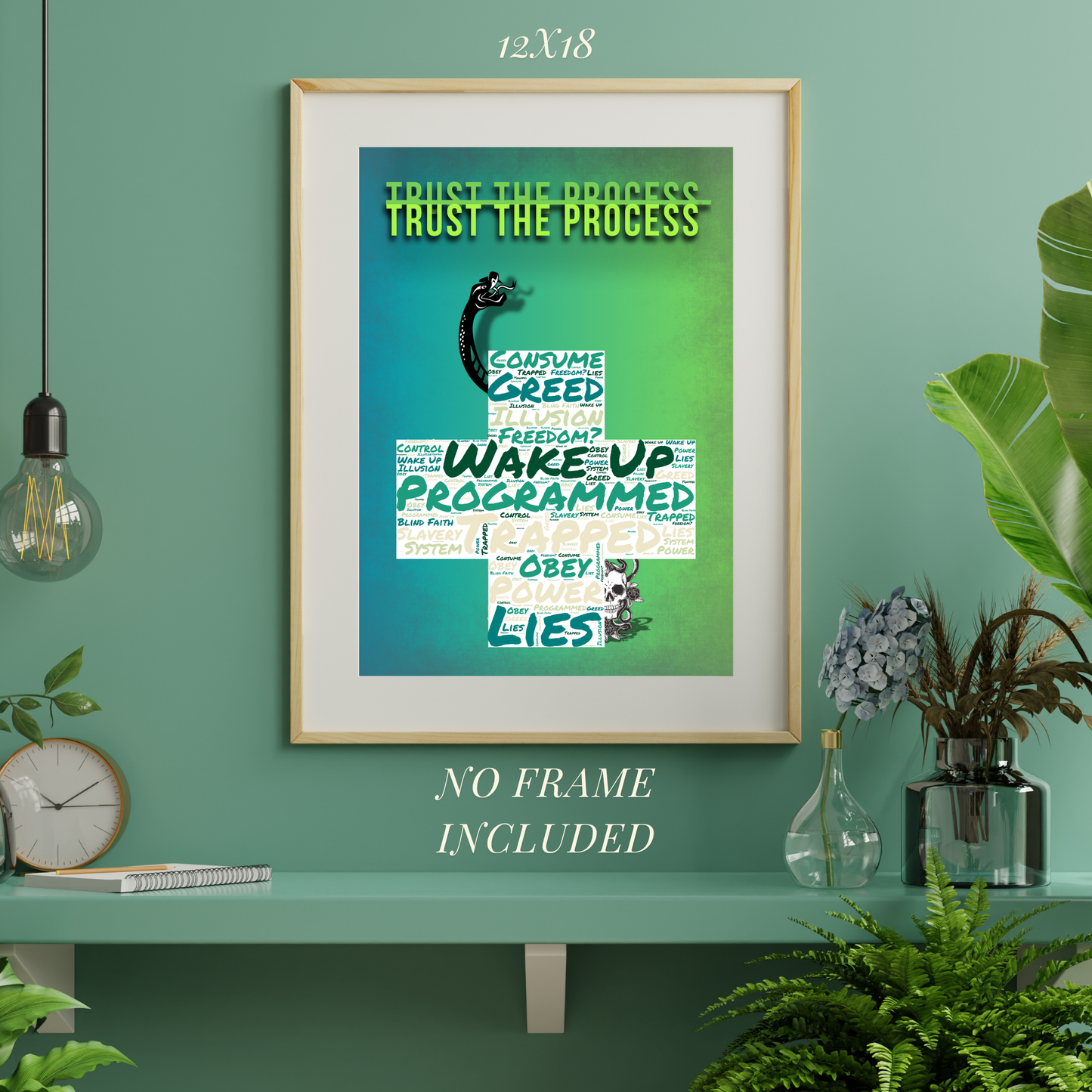 Trust the Process wall art poster by MDE8 - minimalist green poster with thought-provoking text, 12x18 inches, no frame included.