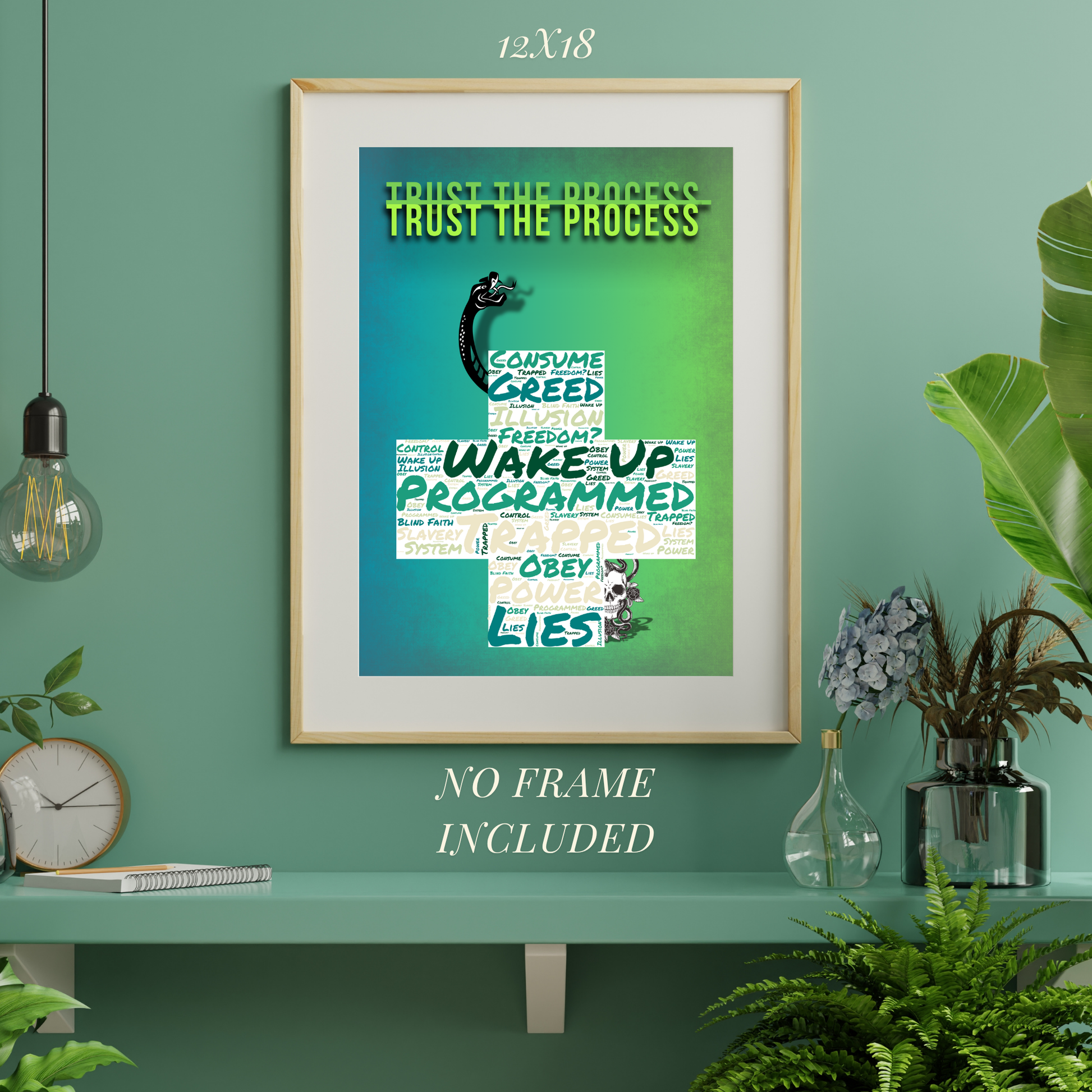 Trust the Process wall art poster by MDE8 - minimalist green poster with thought-provoking text, 12x18 inches, no frame included.