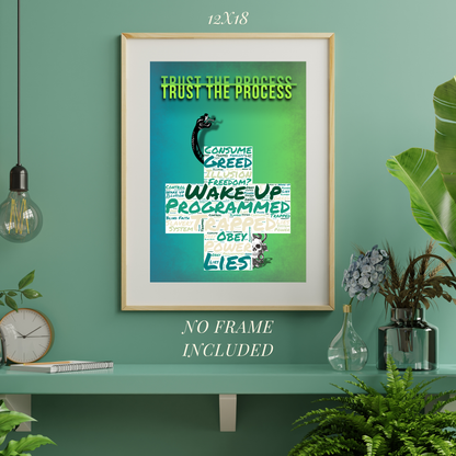 Trust the Process wall art poster by MDE8 - minimalist green poster with thought-provoking text, 12x18 inches, no frame included.
