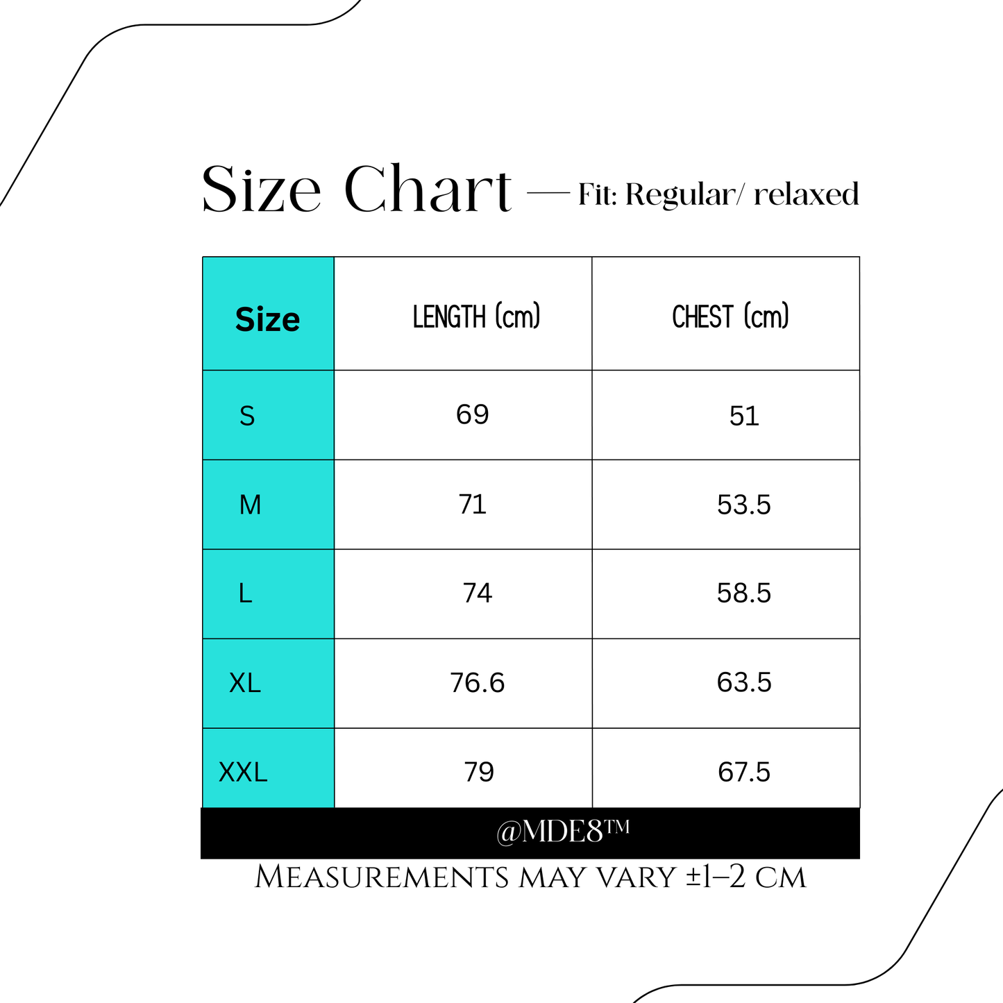 MDE8 Regular hoodie size chart with measurements in centimeters