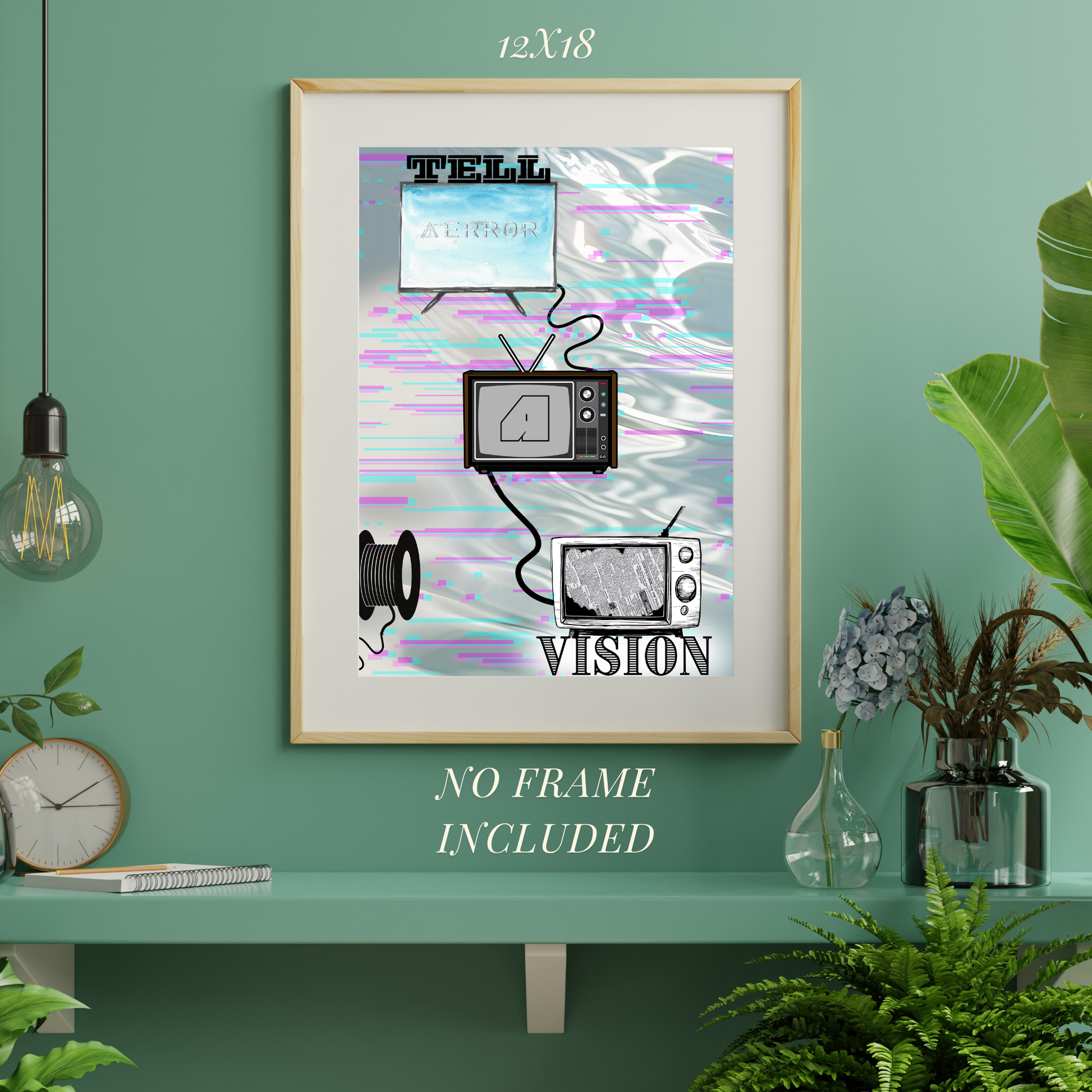 Framed artwork with television and abstract design on a green wall.