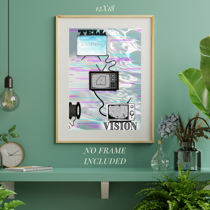 Framed artwork with television and abstract design on a green wall.