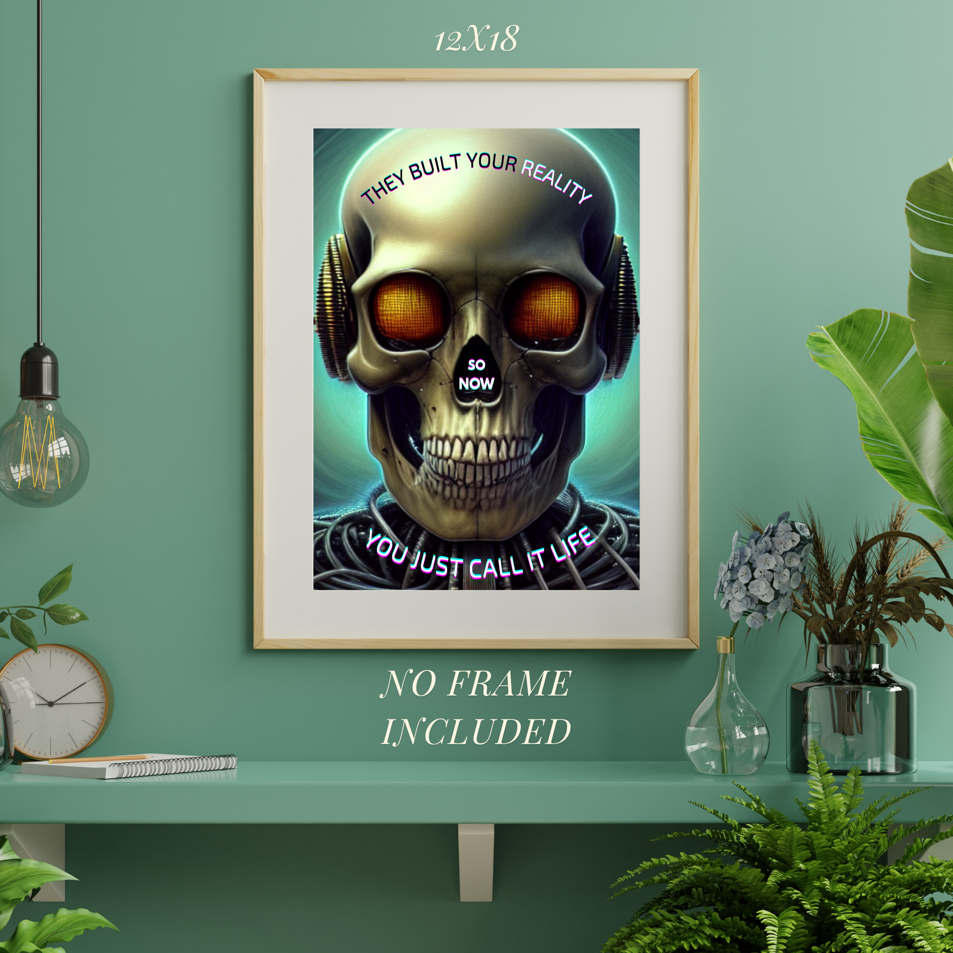 Framed artwork of a skull with futuristic headphones on a green wall with plants and decor.