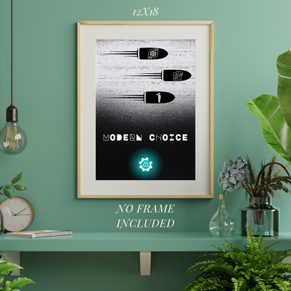 Framed artwork with 'Modern Choice' on a green wall with plants and decor.