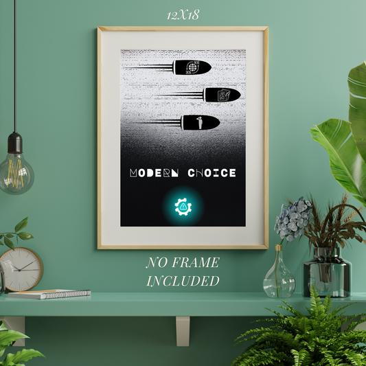 Framed artwork with 'Modern Choice' on a green wall with plants and decor.