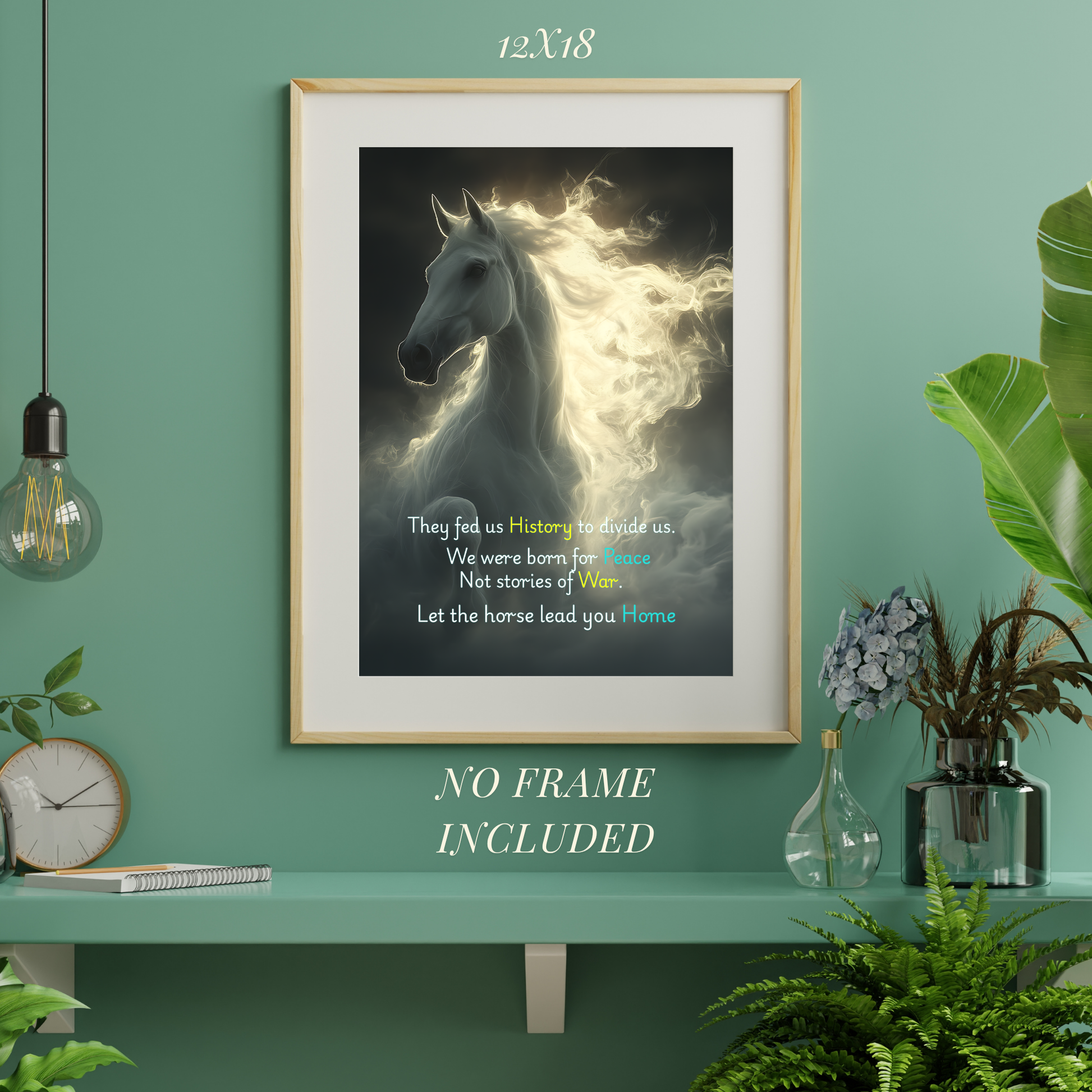 Framed artwork of a horse with text on a green wall with decorative elements.