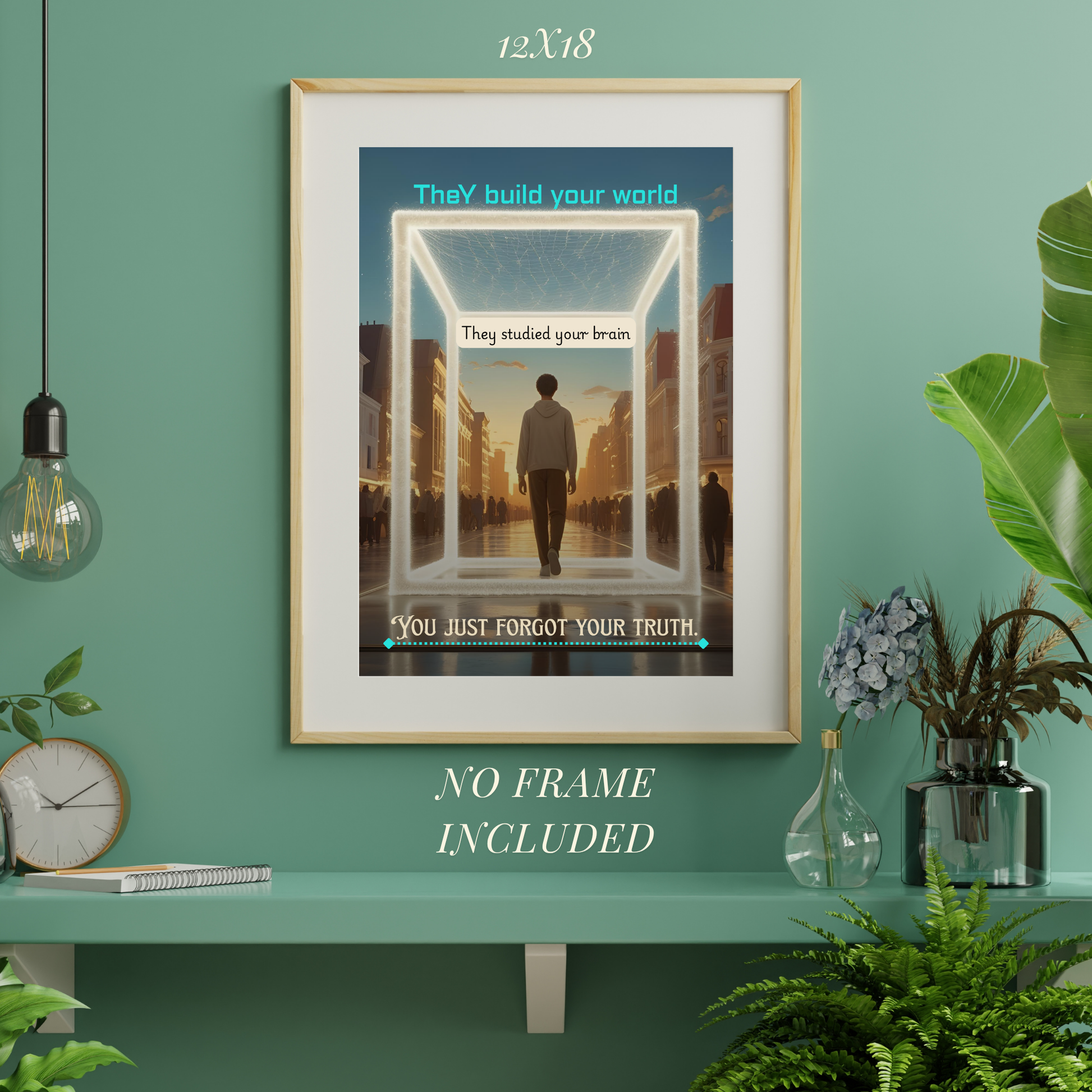 Framed poster on a green wall with decorative elements