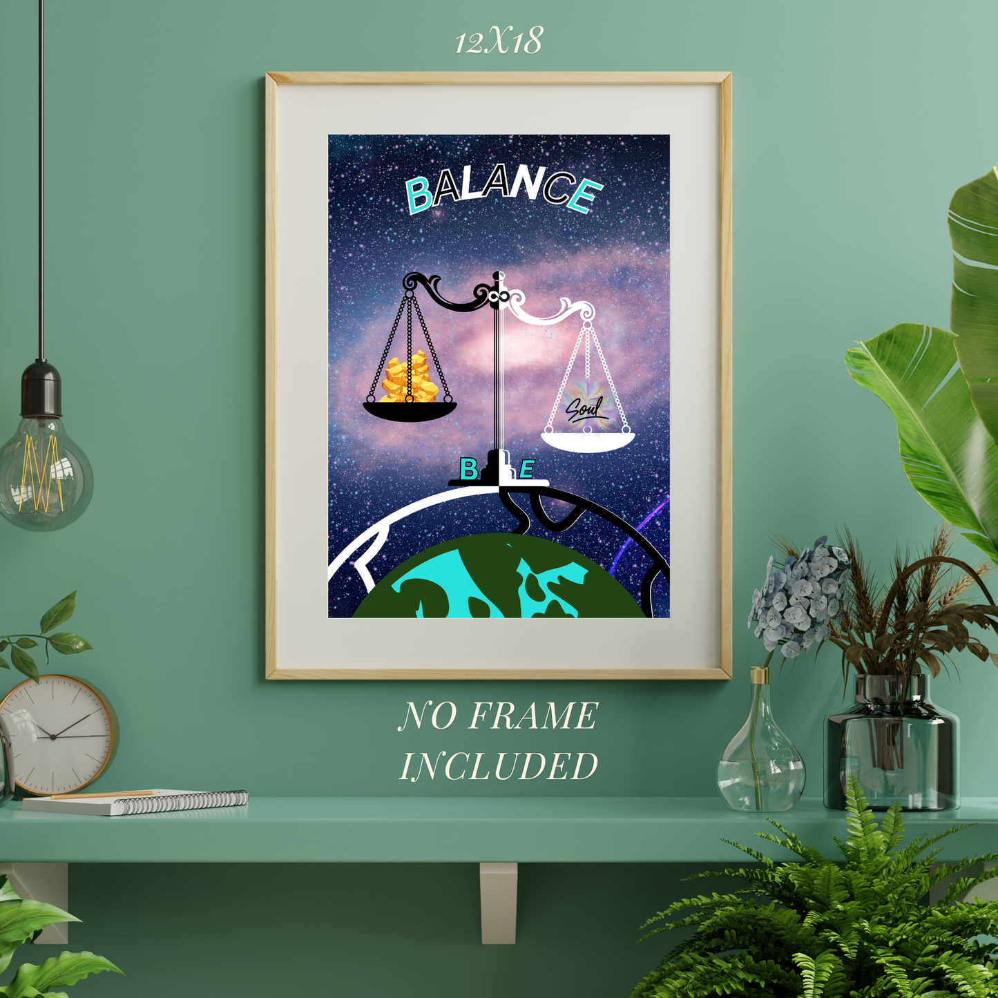 Framed artwork titled 'Balance' on a green wall with decorative elements.