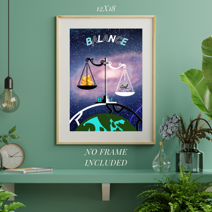 Framed artwork titled 'Balance' on a green wall with decorative elements.