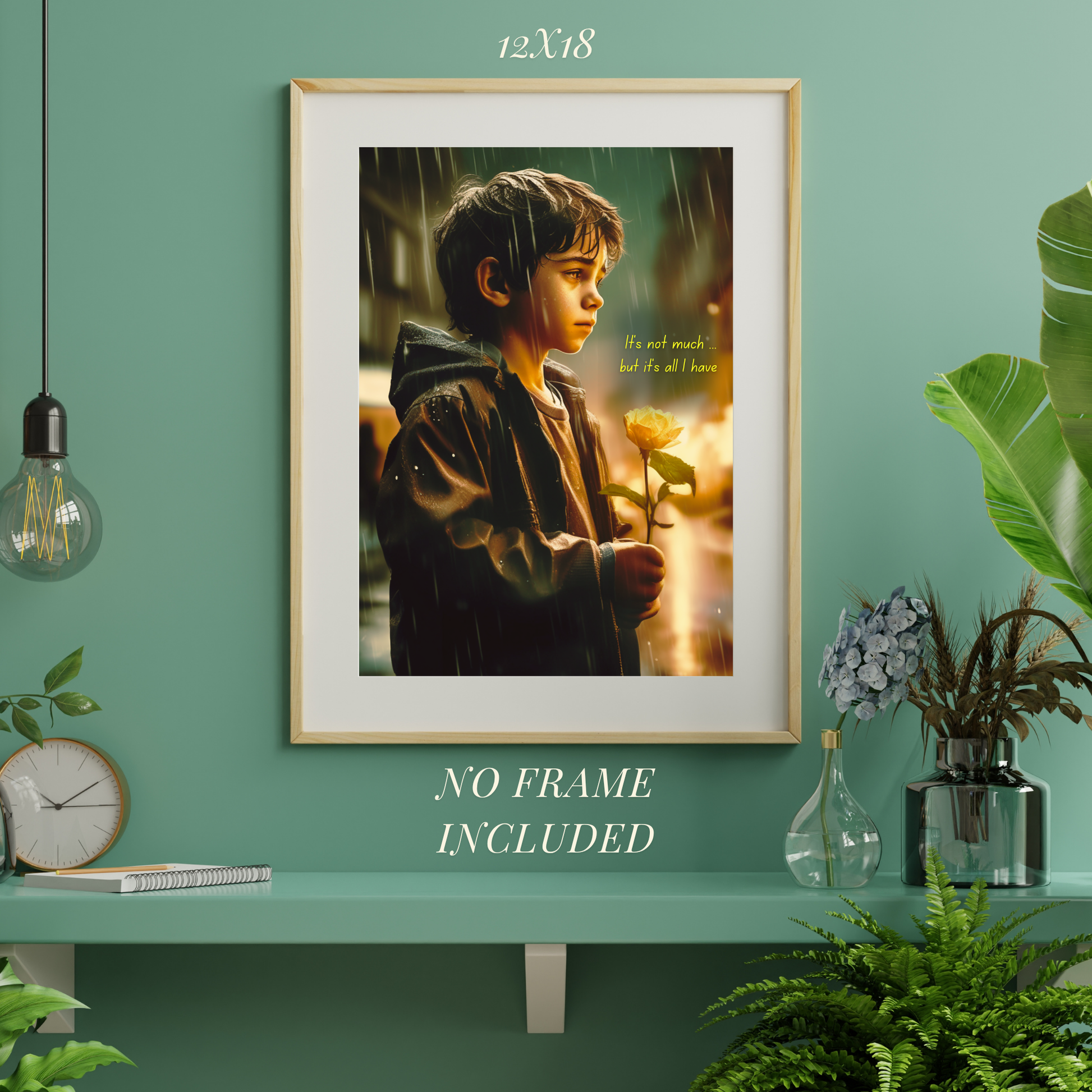 Kid in Rain wall art poster by MDE8 -cinematic portrait of a young boy holding a yellow rose, 12x18 inches, no frame included.