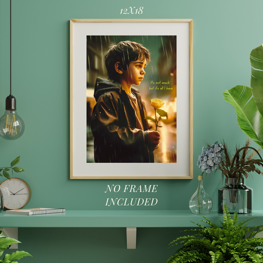 Kid in Rain wall art poster by MDE8 -cinematic portrait of a young boy holding a yellow rose, 12x18 inches, no frame included.