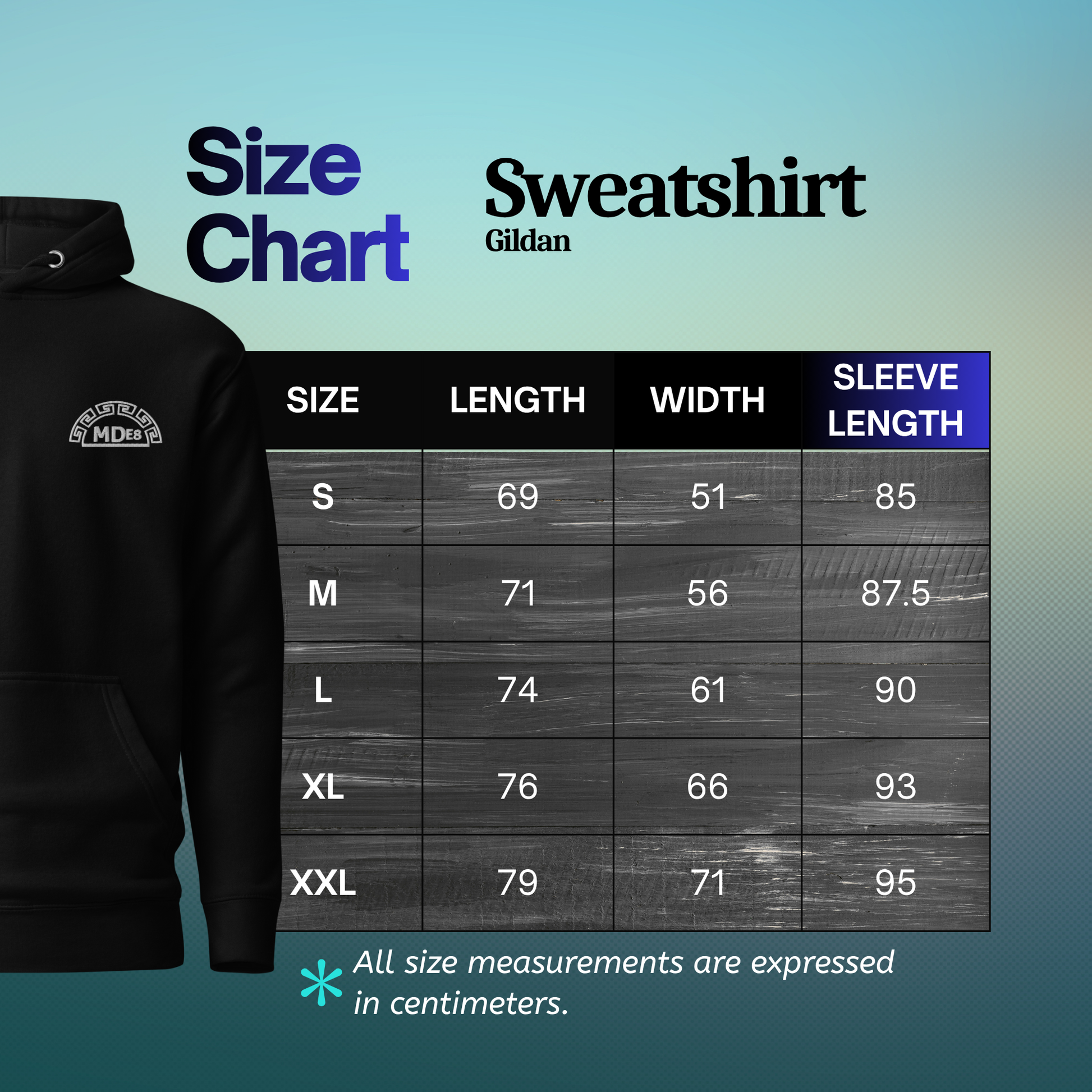 Gildan sweatshirt size chart with measurements on a gradient background