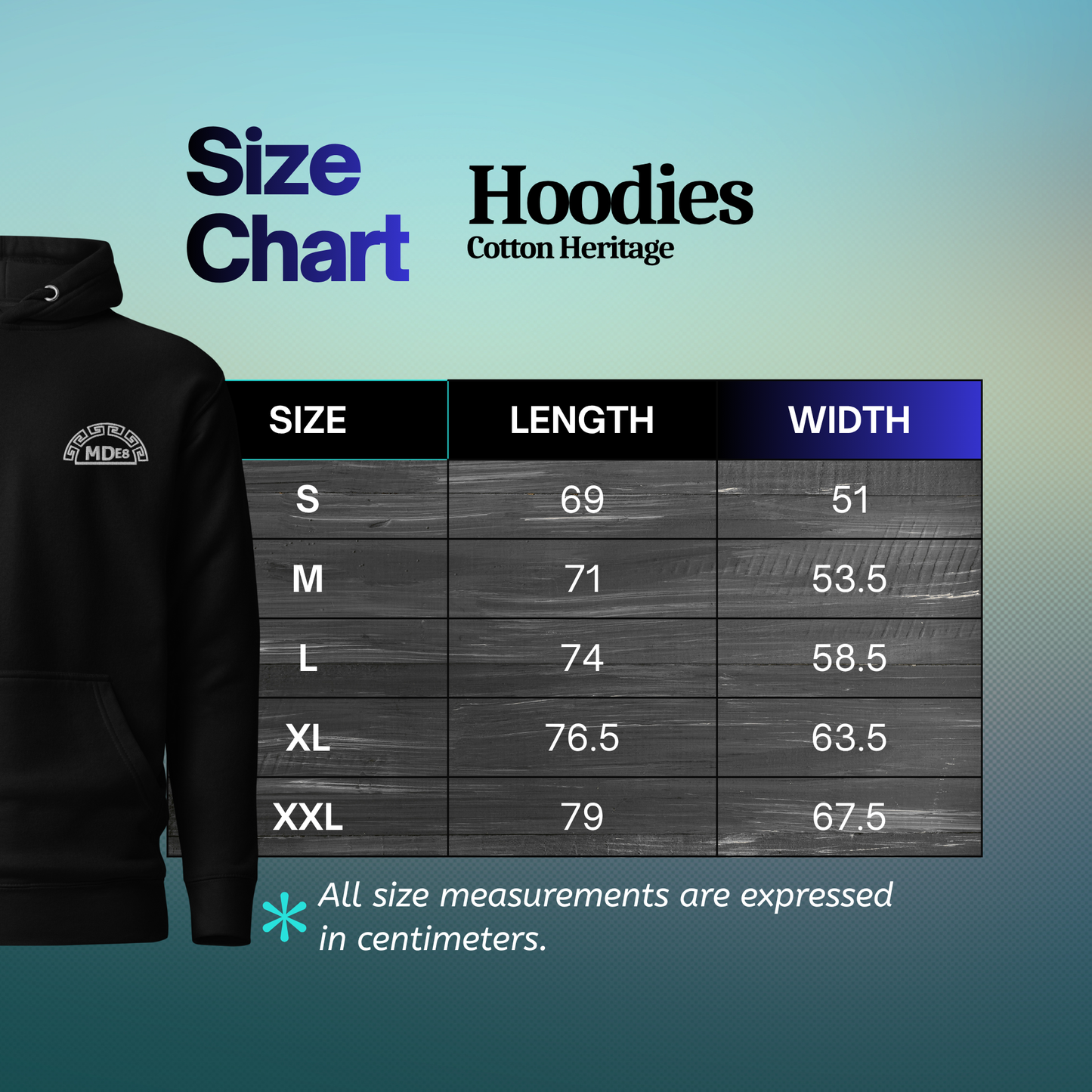 Hoodie size chart with measurements on a gradient background