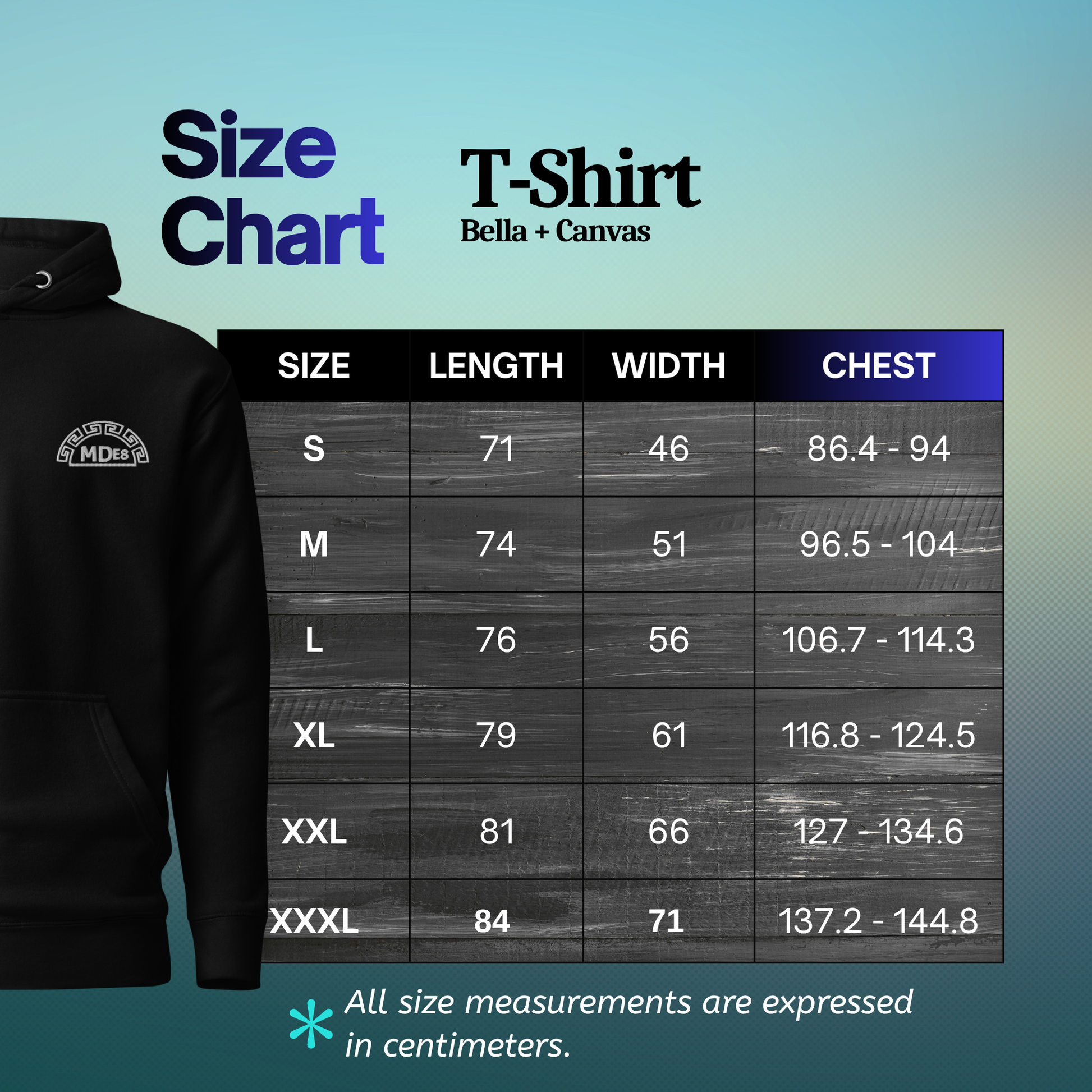 T-shirt size chart with measurements on Bella + Canvas T-shirt  on a gradient background.