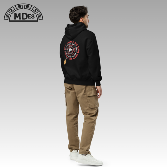 Repeat MDE8 hoodie unisex back view -on model