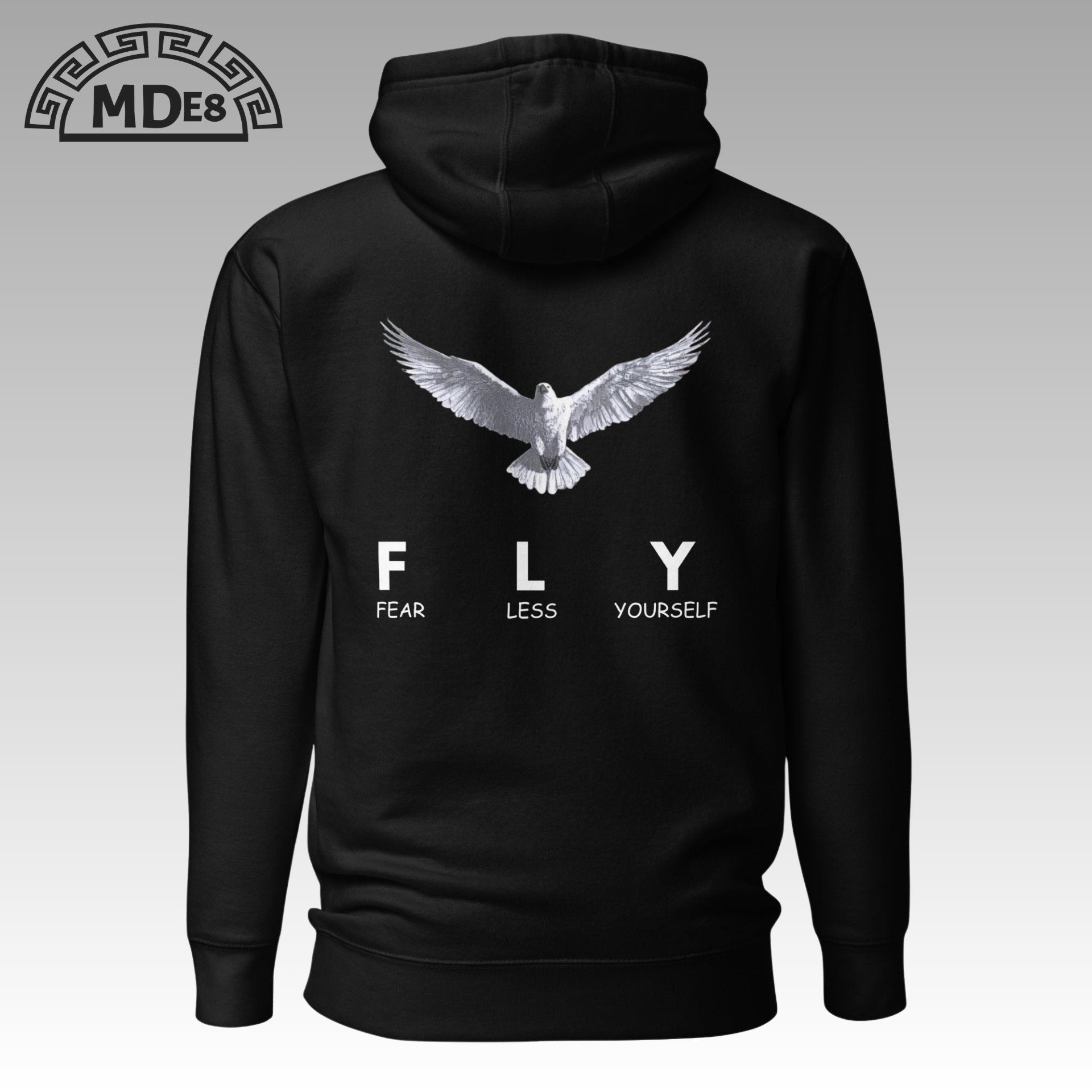 Back view of FLY Hoodie with eagle "Fear Less Yourself" print