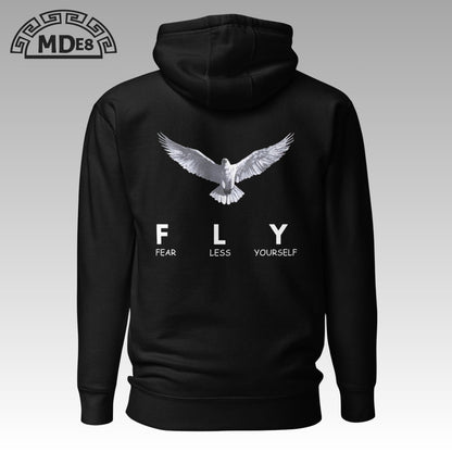 Back view of FLY Hoodie with eagle "Fear Less Yourself" print