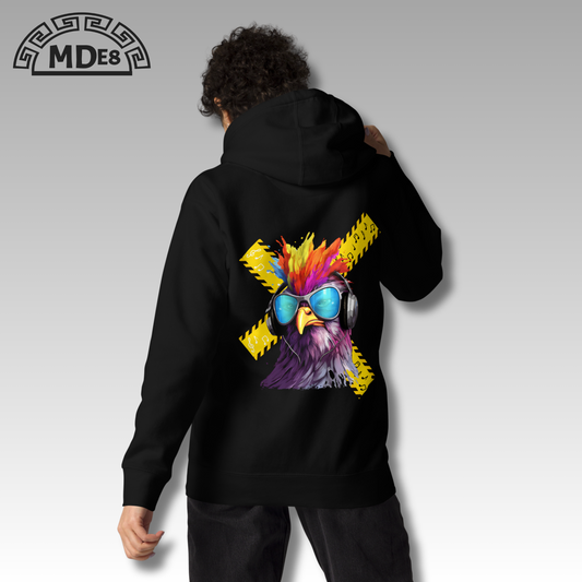 Person wearing a black hoodie with a colorful graphic of a rooster on the back, on a white background.
