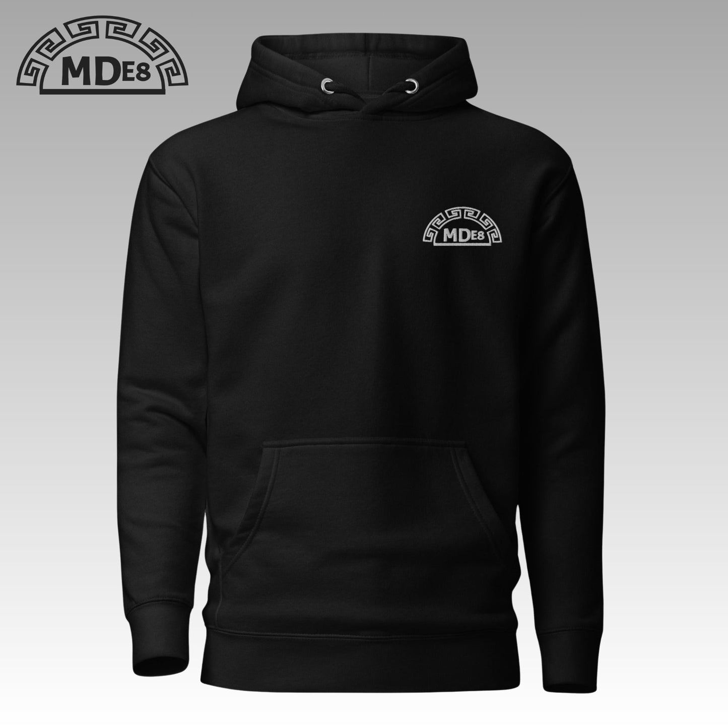 Black hoodie with a logo on the chest against a white background