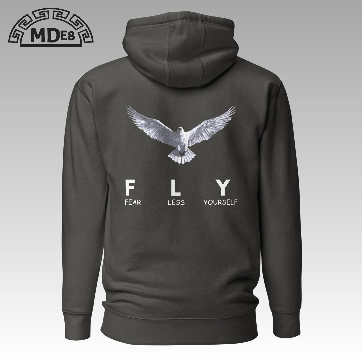 Dark gray hoodie with an eagle graphic and 'FLY Fear Less Yourself' text on the back.