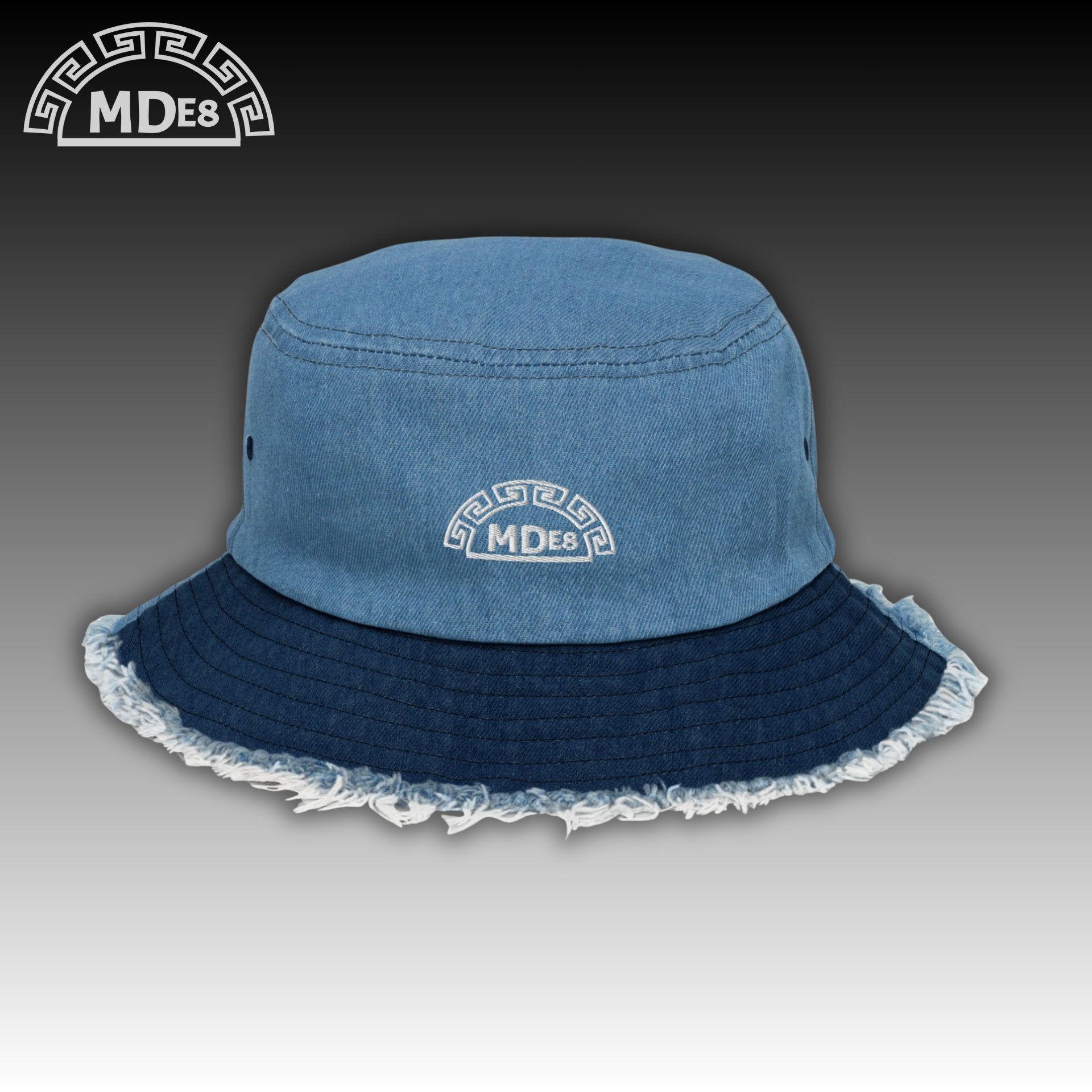 Distressed denim bucket hat — front 3D puff embroidery design MDE8