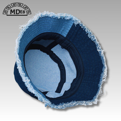 Distressed denim bucket hat — side view embroidered streetwear MDE8