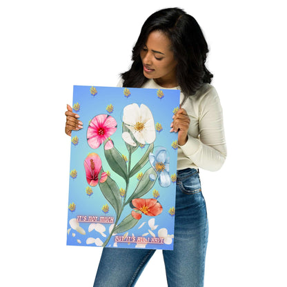 Woman holding a colorful floral poster with text on a white background