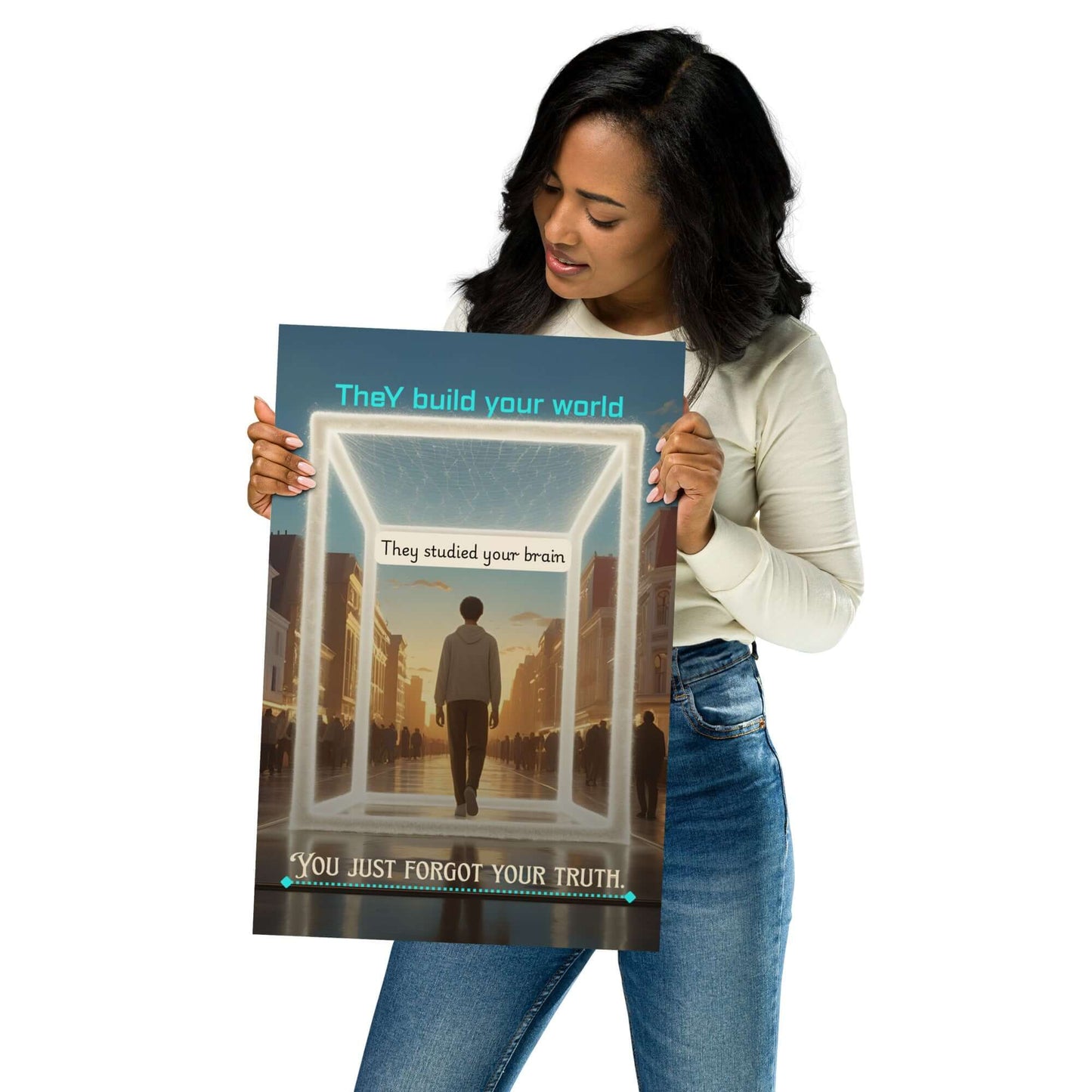 Woman holding a poster with text and an image of a person walking through a door.
