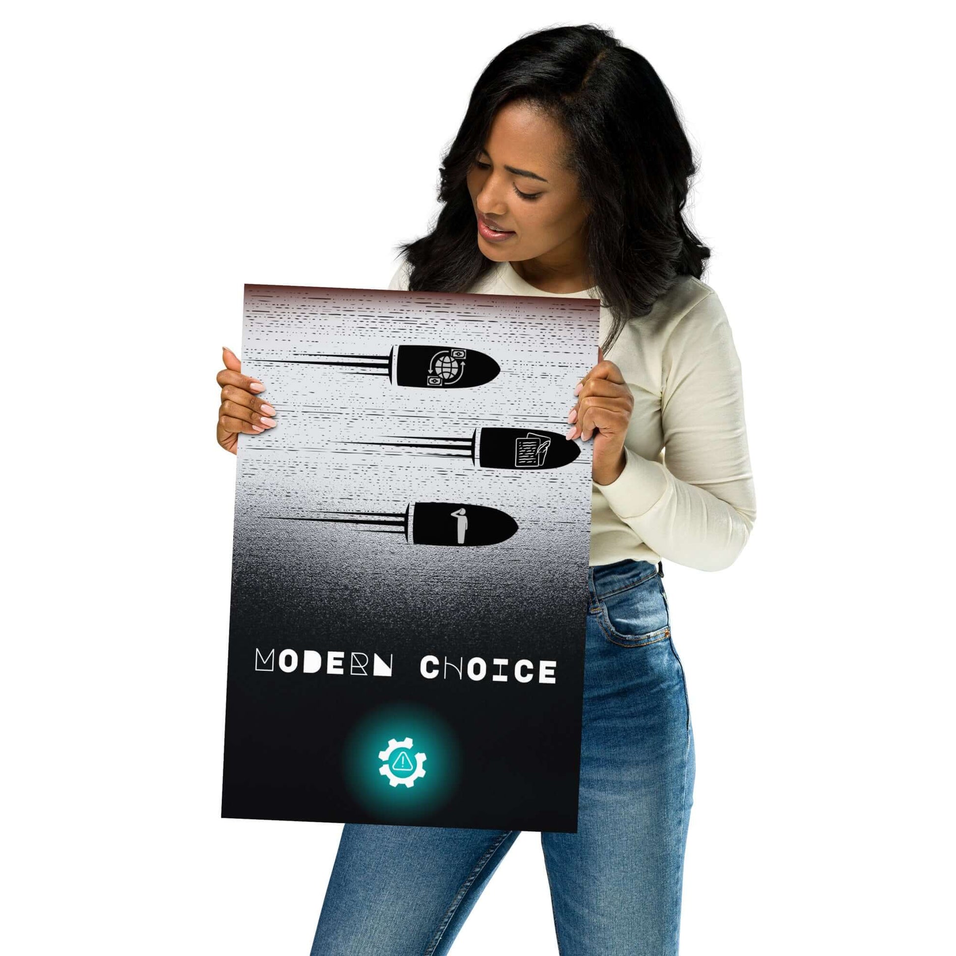 Woman holding a 'Modern Choice' poster with a white background