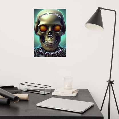 Skull-themed poster on a wall above a desk with a laptop and lamp.