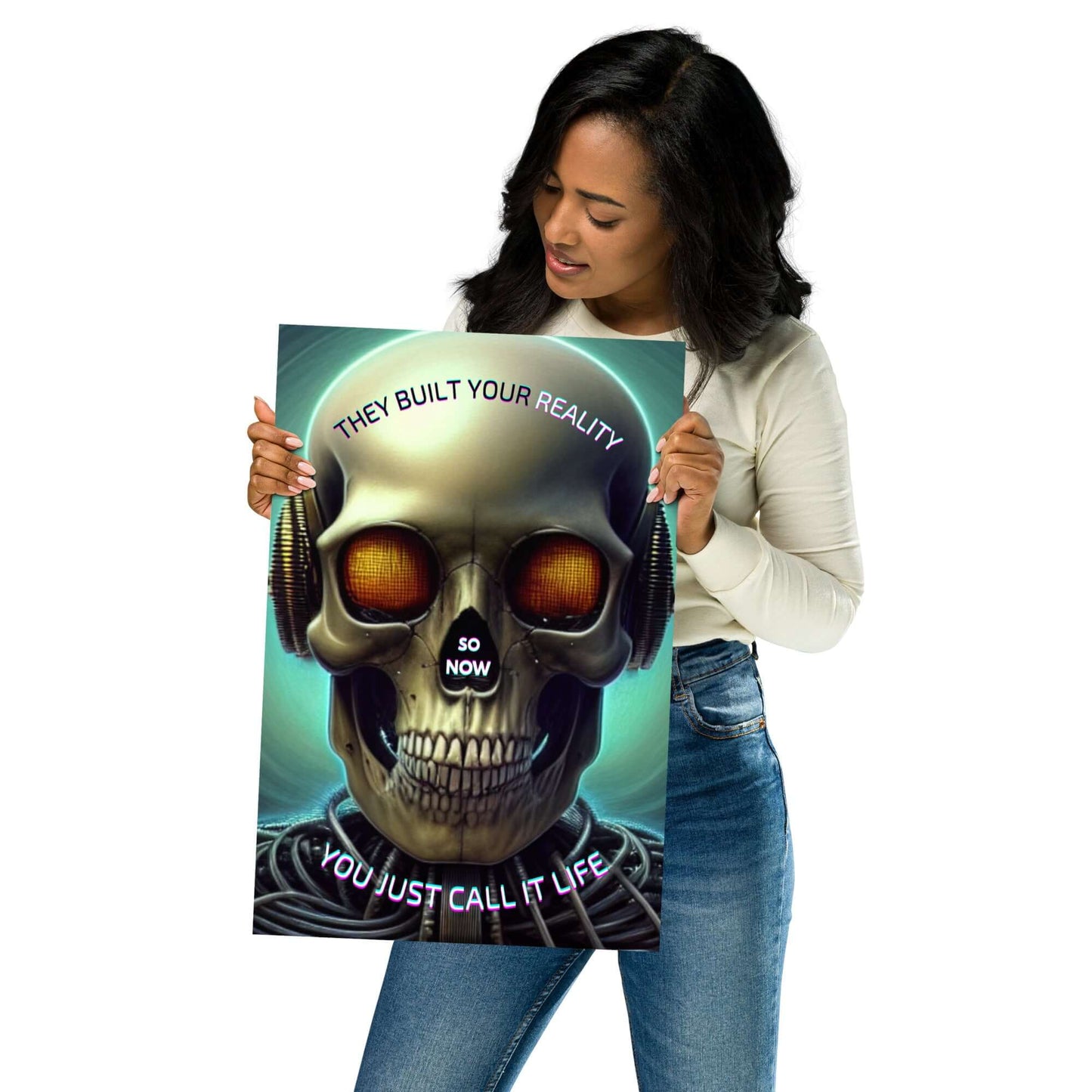 Woman holding a poster with a skull design and text.