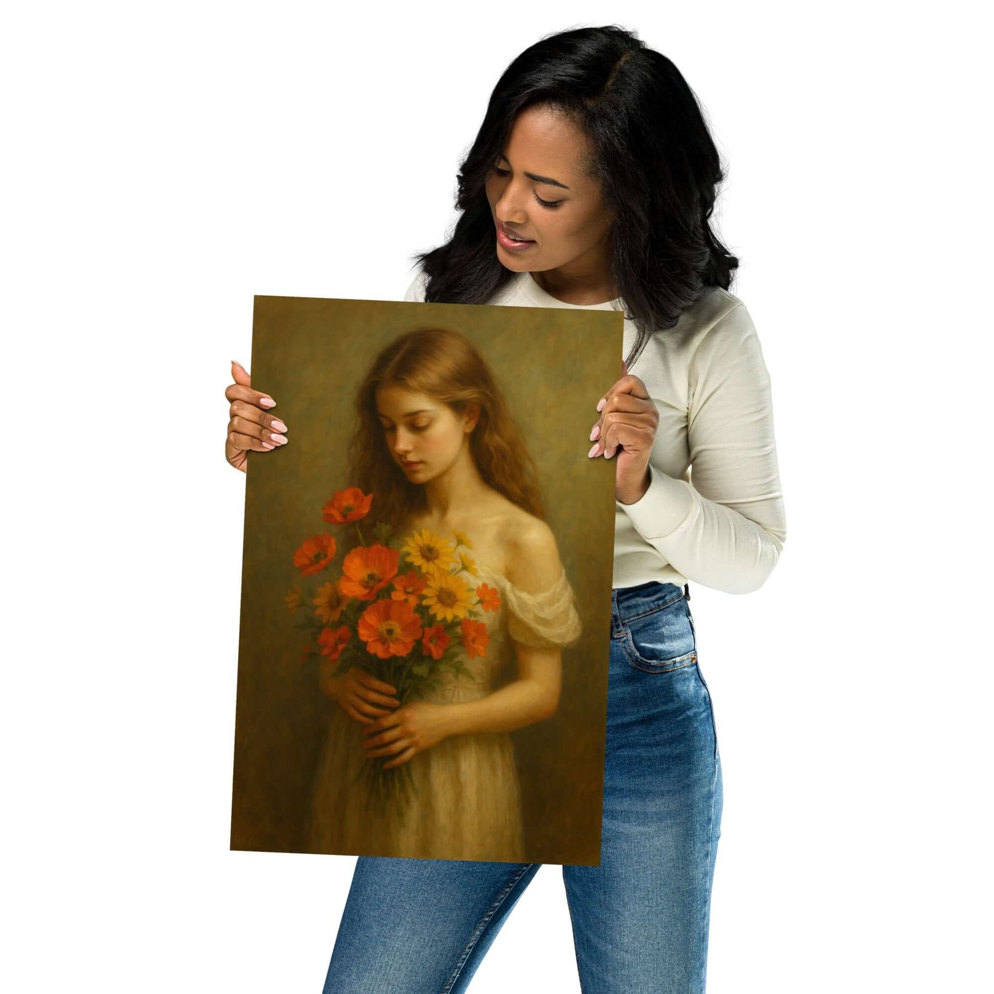 Woman holding a painting of a young girl with flowers against a white background