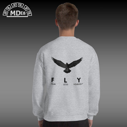 Gray sweatshirt with an eagle design and text on the back, worn by a person.