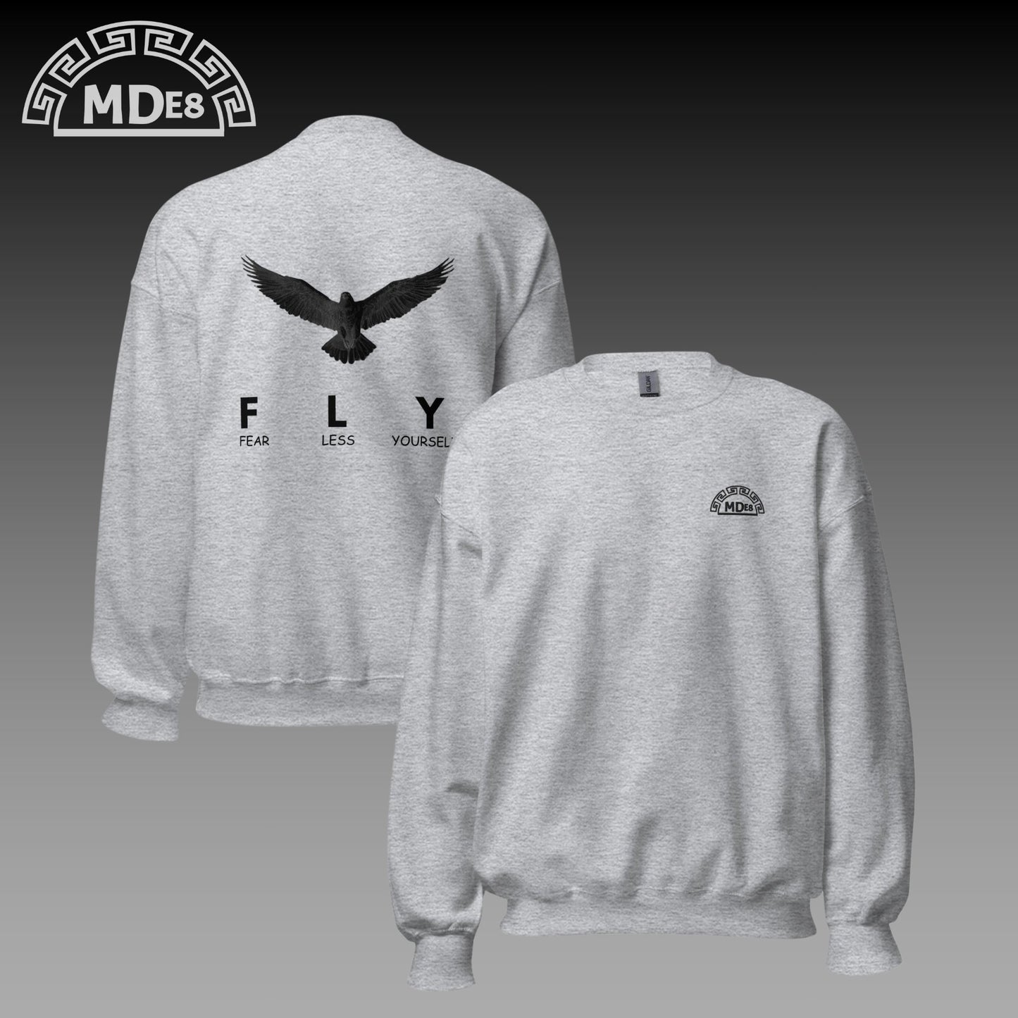 Gray sweatshirt with eagle design on the back and logo on the front, on a white background